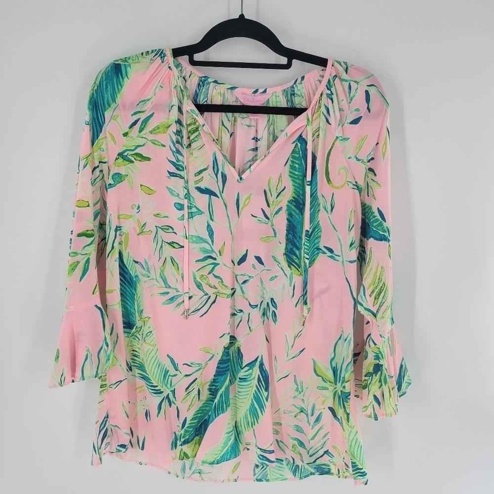 Lilly Pulitzer Willa Women’s Small CHIMPOISERIE Flounce Shirt Top Tropic New